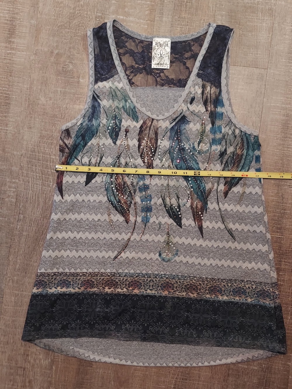 Vocal Grey Top with Black Lace Back and Teal Feather Accents